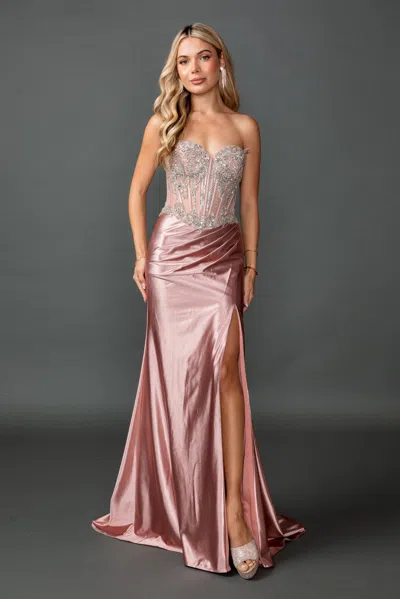 Dq Strapless Embellished Corset Bodice Satin Prom Dress With Draped Waist And High Slit Floor-length Si In Pink