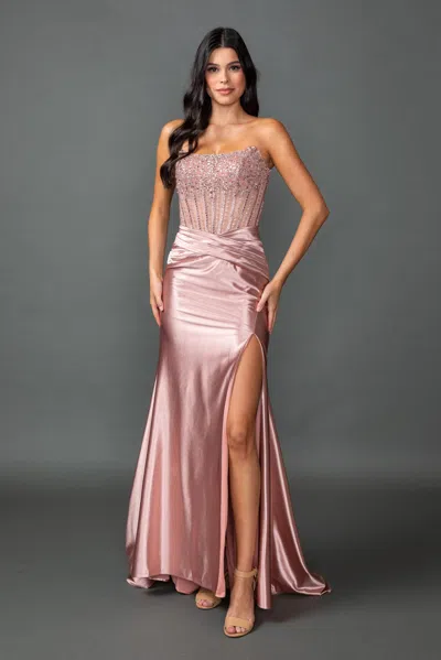 Dq Strapless Embellished Corset Bodice Satin Prom Dress With Draped Waist And High Slit In Multi