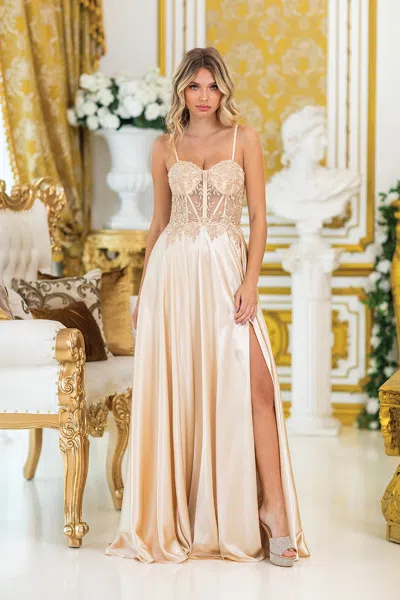 Dq Strapless Prom Dress With Beaded Bodice, Sheer Corset Detail, Satin Skirt, And High Slit In Gold