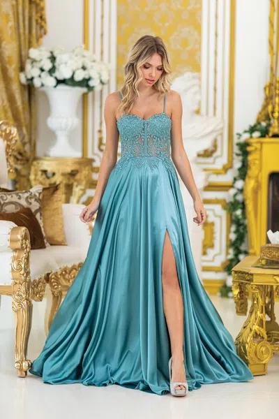 Dq Strapless Prom Dress With Beaded Bodice, Sheer Corset Detail, Satin Skirt, And High Slit In Blue
