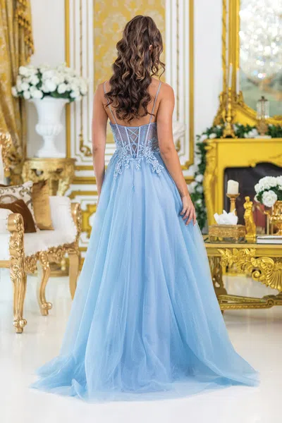 Dq Strapless Prom Dress With Beaded Corset And Sheer Skirt With Side Slit In Blue