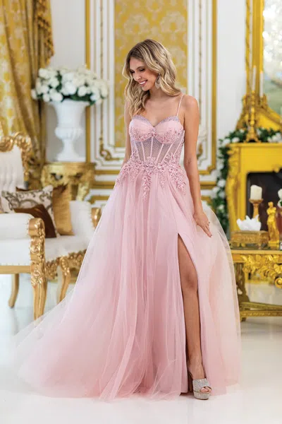 Dq Strapless Prom Dress With Beaded Corset And Sheer Skirt With Side Slit In Pink