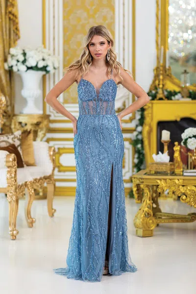 Dq Strapless Prom Dress With Beaded Embellished Bodice, Sheer Panels, And High Slit For A Glamorous And In Blue