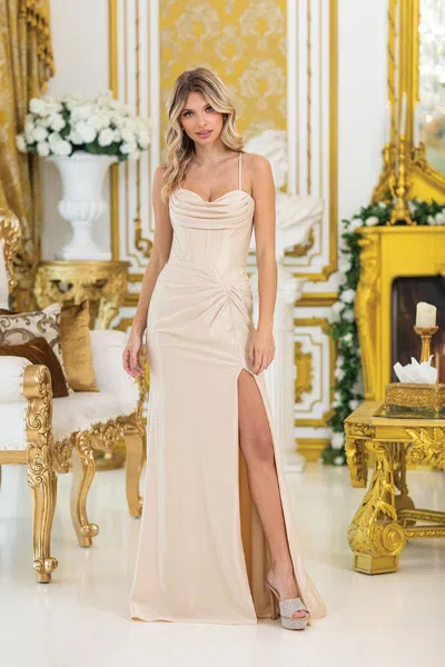 Dq Strapless Prom Dress With Cowl Neckline, Fitted Bodice, Draped Skirt, And High Slit In Neutral