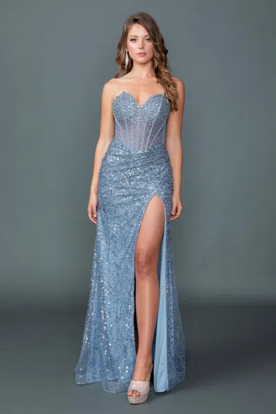 Dq Strapless Prom Dress With Sequin Embellished Bodice, Sheer Panels, High Slit, And Elegant Flowing Sk In Blue