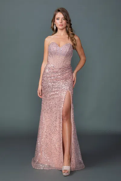 Dq Strapless Prom Dress With Sequin Embellished Bodice, Sheer Panels, High Slit, And Elegant Flowing Sk In White