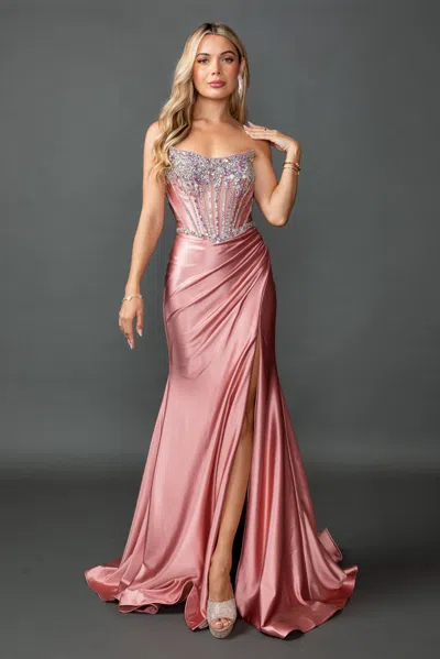 Dq Strapless Satin Prom Dress With Embellished Corset Bodice, Draped Skirt, And High Slit In Brown