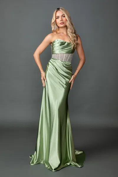 Dq Strapless Straight Neck Satin Draped Gown With Beaded Illusion Waist And Floor-length Skirt Prom Dre In Green