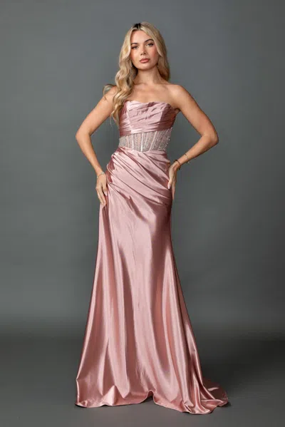 Dq Strapless Straight Neck Satin Draped Gown With Beaded Illusion Waist And Floor-length Skirt Prom Dre In Multi