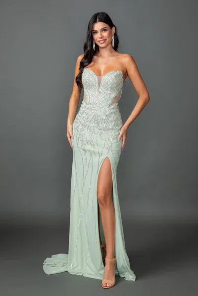 Dq Strapless Sweetheart Illusion Corset Bodice Beaded Embroidery High Slit Fitted Floor-length Gown Pro In White