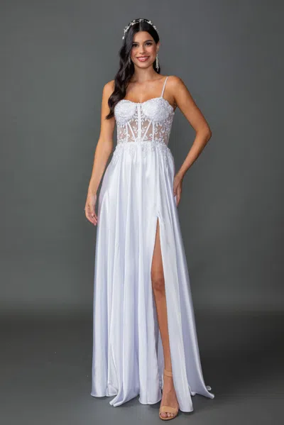 Dq Strapless Wedding Dress With Beaded Bodice, Sheer Corset Detail, Satin Skirt, And High Slit In White