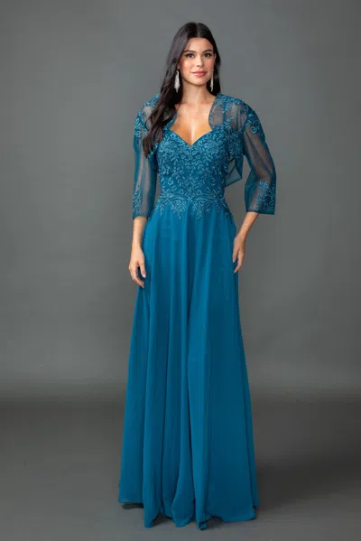 Dq Sweetheart Chiffon Prom Dress With Embroidered Bodice, Sheer Three-quarter Sleeves, And Matching Bol In Blue