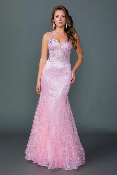Dq Sweetheart Illusion Corset Bodice Spaghetti Strap Fitted Mermaid Gown With Glitter Embroidery And Fl In Pink