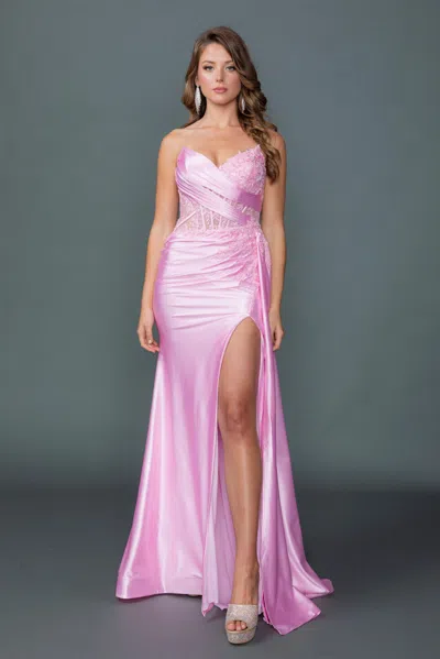 Dq Sweetheart Illusion Corset Bodice Spaghetti Strap Fitted Mermaid Gown With Glitter Embroidery And Fl In Pink