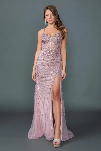 Dq Sweetheart Illusion Corset Bodice Spaghetti Strap Fitted Silhouette Gown With Beaded Sequin Embellis In Purple