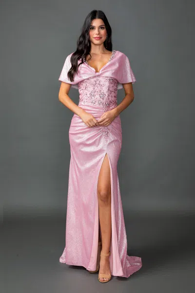 Dq Sweetheart Neck Embellished Bodice Prom Dress With Draped Skirt And High Slit In Pink