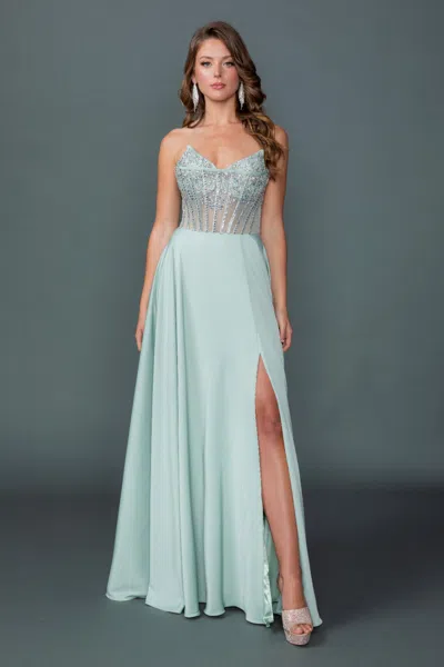 Dq Sweetheart Neckline Illusion Corset Bodice Prom Dress With Flowing A-line Skirt And High Slit In Green