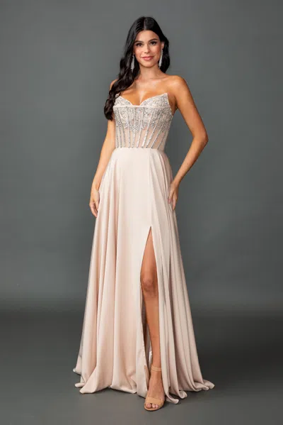 Dq Sweetheart Neckline Illusion Corset Bodice Prom Dress With Flowing A-line Skirt And High Slit In White