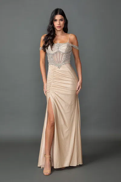 Dq Sweetheart Off-shoulder Illusion Corset Prom Dress With Beaded Bodice, Ruched Skirt, And High Slit In White