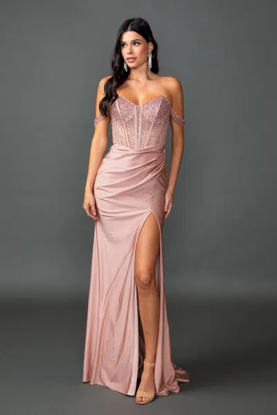 Dq Sweetheart Off-the-shoulder Prom Dress With Embellished Corset Bodice, Draped Waistline, And High Sl In Pink