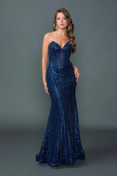 Dq Sweetheart Strapless Illusion Corset Bodice Fully Sequined Fitted Mermaid Gown With Floor-length Hem In Blue