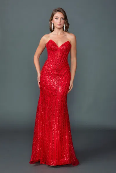 Dq Sweetheart Strapless Illusion Corset Bodice Fully Sequined Fitted Mermaid Gown With Floor-length Hem In Red