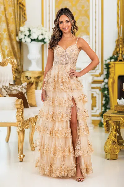 Dq Tiered Prom Dress With Beaded Bodice And Side Slit In Gold