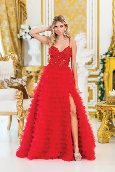 Dq Traditional Ball Gown Quinceanera Dress With Layered Ruffles, Embroidered Floral Accents, And Strapl In Red