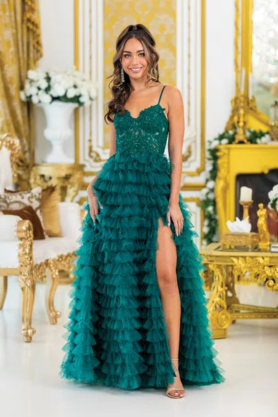Dq Traditional Ball Gown Quinceanera Dress With Layered Ruffles, Embroidered Floral Accents, And Strapl In Green