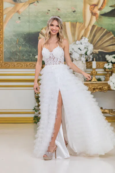 Dq Traditional Ball Gown Quinceanera Dress With Layered Ruffles, Embroidered Floral Accents, And Strapl In White