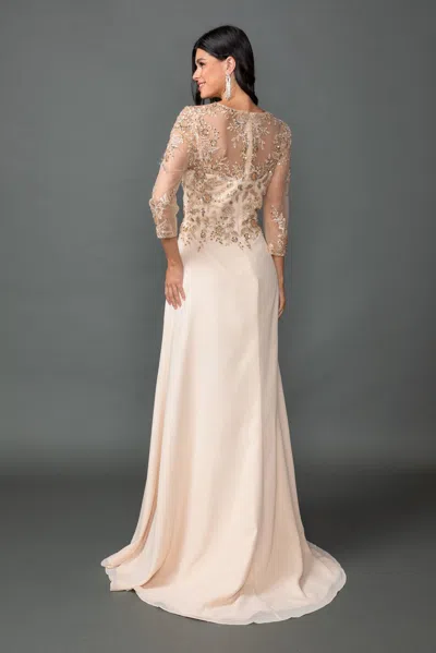 Dq V-neck Chiffon Prom Dress With Embroidered Bodice, Sheer Three-quarter Sleeves, And Side Slit Skirt In White