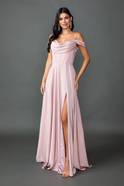 Dq V-neck Metallic Prom Dress With Flutter Sleeves, Beaded Waist Detail, Draped Silhouette, And High Sl In Pink