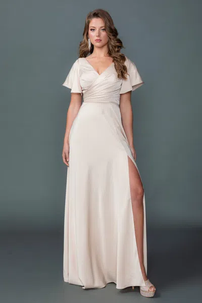 Dq V-neck Short Sleeve Prom Dress With Ruched Bodice And High Slit A-line Skirt In White