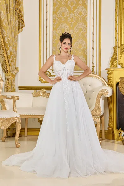 Dq Wedding Dress With Lace Corset Bodice, Spaghetti Straps, And Flowing Tulle A-line Skirt With Train In White