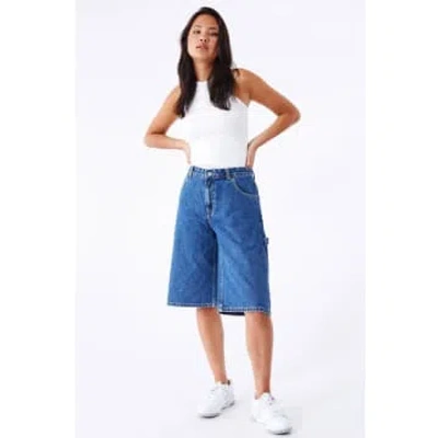 Dr Denim Bree Worker Pebble Mid Stone Shorts In Blue