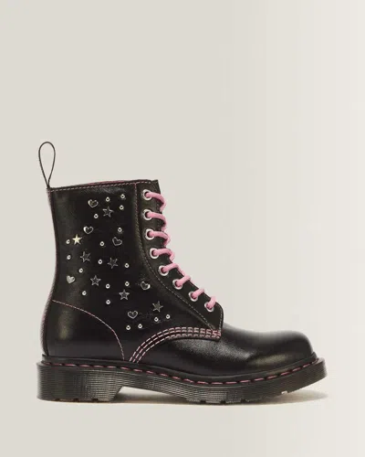 Dr. Martens 1460 Pascal Hearts & Stars Milled Gloss Leather Lace Up Boots In Black