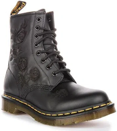 Pre-owned Dr. Martens' Dr Martens 1460 Vonda 8 Eye Rose Embroidered Womens Boot Black Mono Us 5 - 11