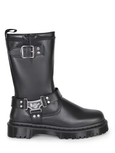 Dr. Martens Mid-calf Black Leather Boots With Silver-tone Hardware