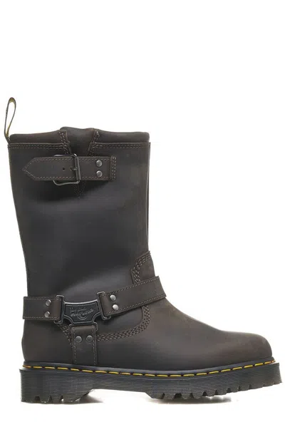 Dr. Martens Anistone Hi Buckle Detailed Boots In Charcoal Grey