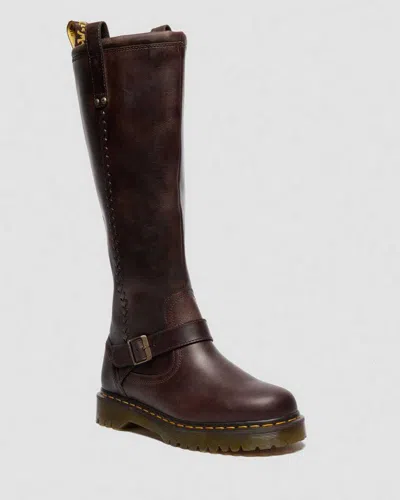 Dr. Martens Anistone Knee High Crazy Horse Leather Biker Boots In Brown