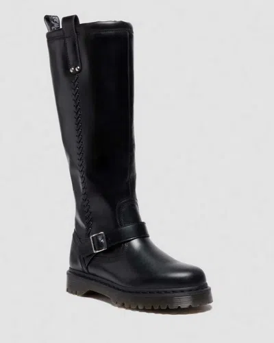 Dr. Martens Anistone Knee High Orleans Leather Biker Boots In Black