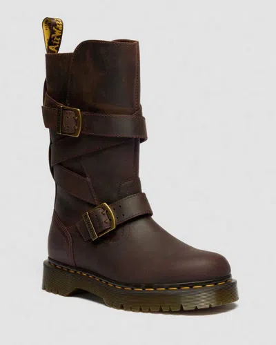 Dr. Martens Anistone Two Strap Crazy Horse Leather Biker Boots In Brown