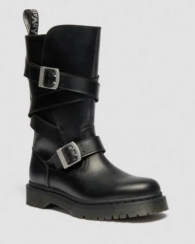 Dr. Martens Anistone Two Strap Leather Biker Boots In Black