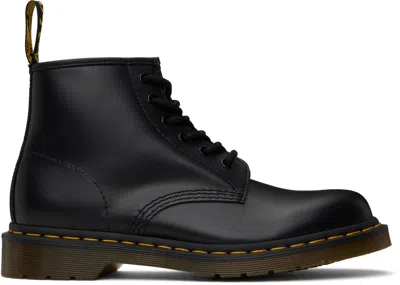 Dr. Martens' Black 101 Yellow Stitch Smooth Leather Ankle Boots In Black Smooth