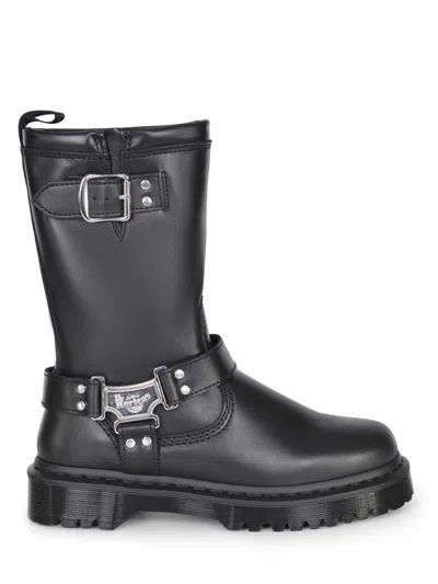 Dr. Martens Mid-calf Black Leather Boots With Silver-tone Hardware