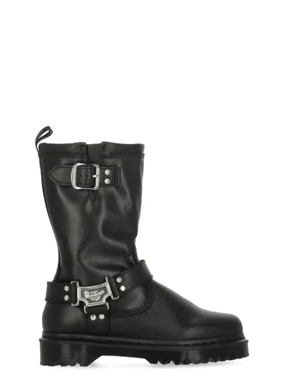 Dr. Martens Mid-calf Black Leather Boots With Silver-tone Hardware