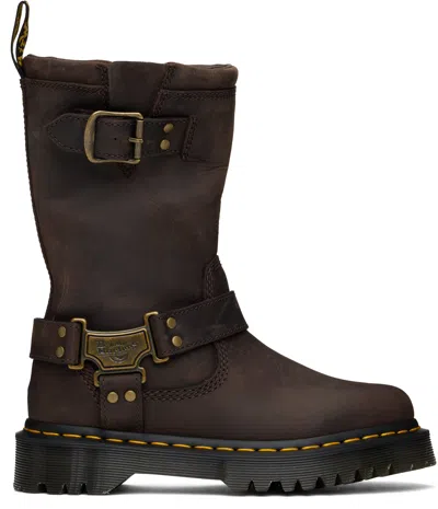 Dr. Martens' Brown Anistone Hi Leather Biker Boots In Dark Brown Burnished