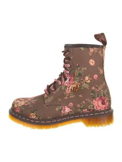 Pre-owned Dr. Martens Canvas Floral Print Combat Boots In Brown