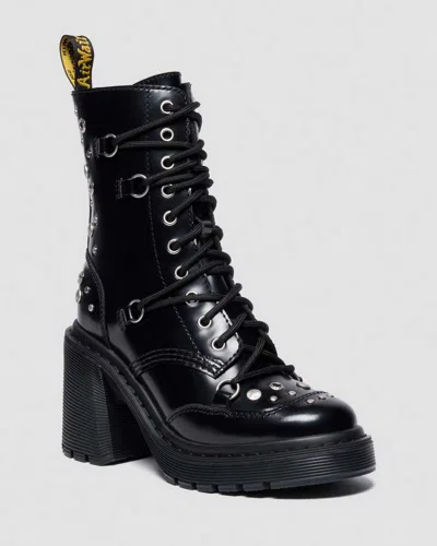 Dr. Martens Chesney Studded Buttero Leather Flare Heel Boots In Black