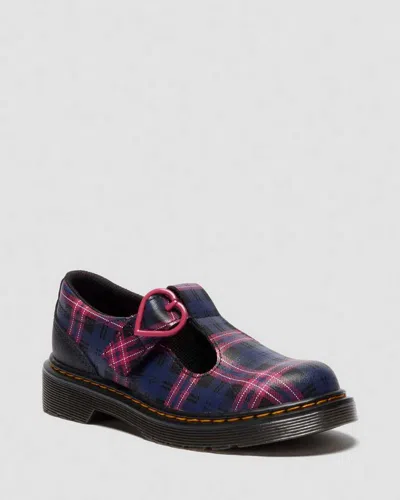 Dr. Martens' Junior Polley Ii Pink Tartan Mary Jane Shoes In Multi